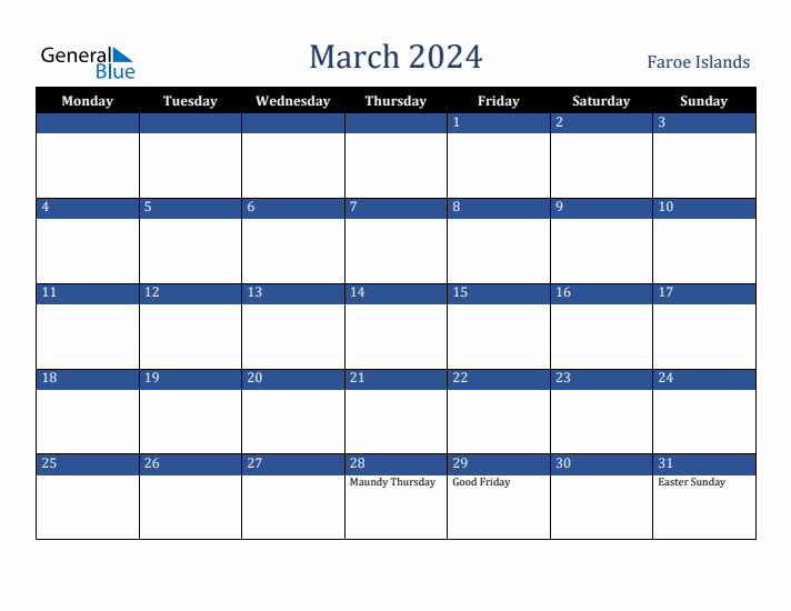 March 2024 Faroe Islands Calendar (Monday Start)