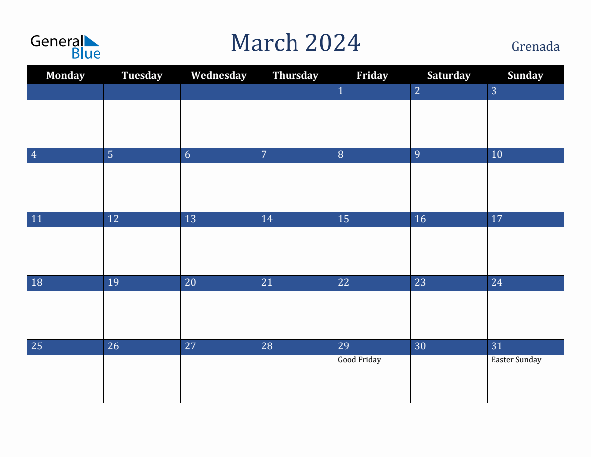 March 2024 Grenada Holiday Calendar