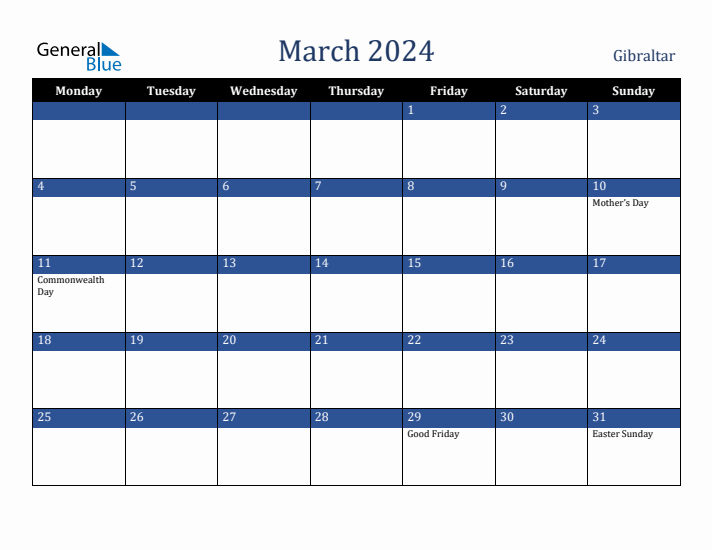 March 2024 Gibraltar Calendar (Monday Start)