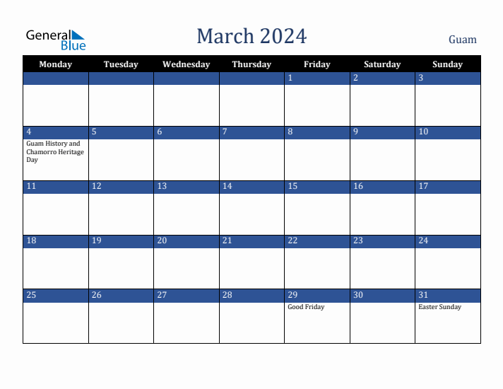 March 2024 Guam Calendar (Monday Start)