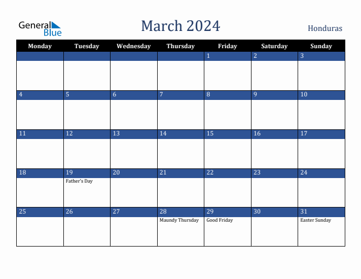 March 2024 Honduras Calendar (Monday Start)