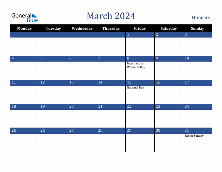 March 2024 Hungary Calendar (Monday Start)