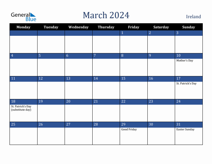 March 2024 Ireland Calendar (Monday Start)
