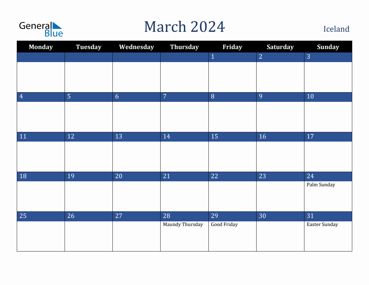 March 2024 Iceland Holiday Calendar