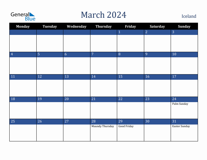 March 2024 Iceland Calendar (Monday Start)
