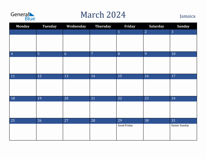 March 2024 Jamaica Calendar (Monday Start)