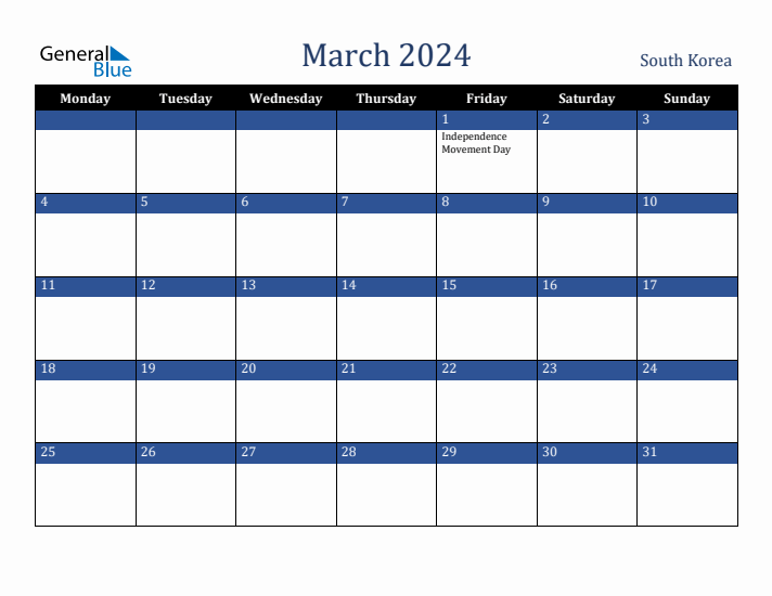 March 2024 South Korea Calendar (Monday Start)