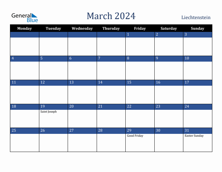 March 2024 Liechtenstein Calendar (Monday Start)