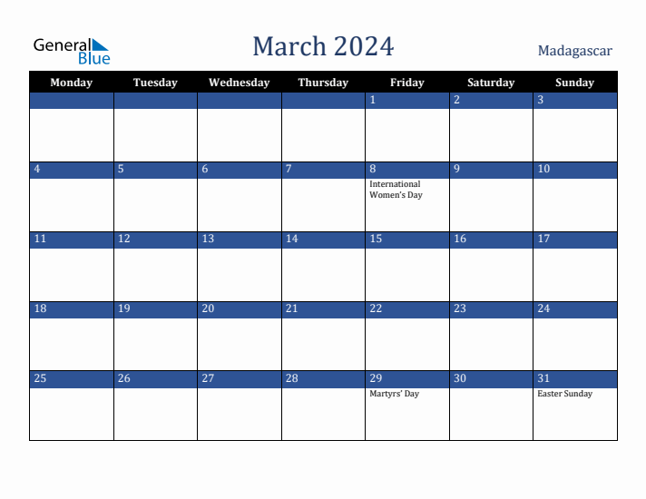 March 2024 Madagascar Calendar (Monday Start)