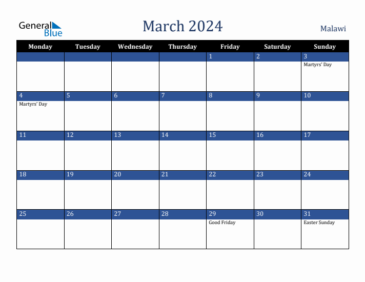 March 2024 Malawi Calendar (Monday Start)