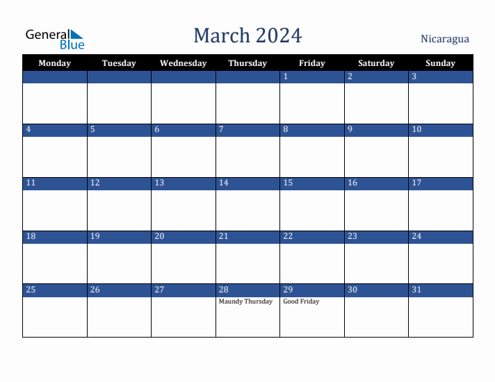 March 2024 Nicaragua Calendar (Monday Start)