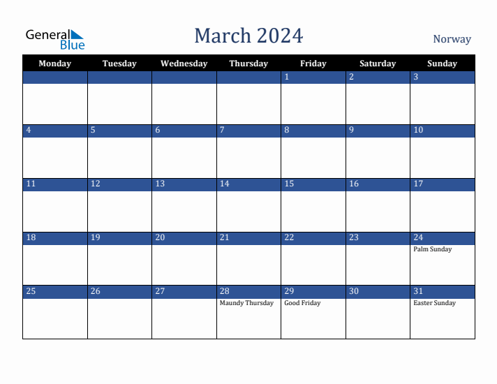 March 2024 Norway Calendar (Monday Start)