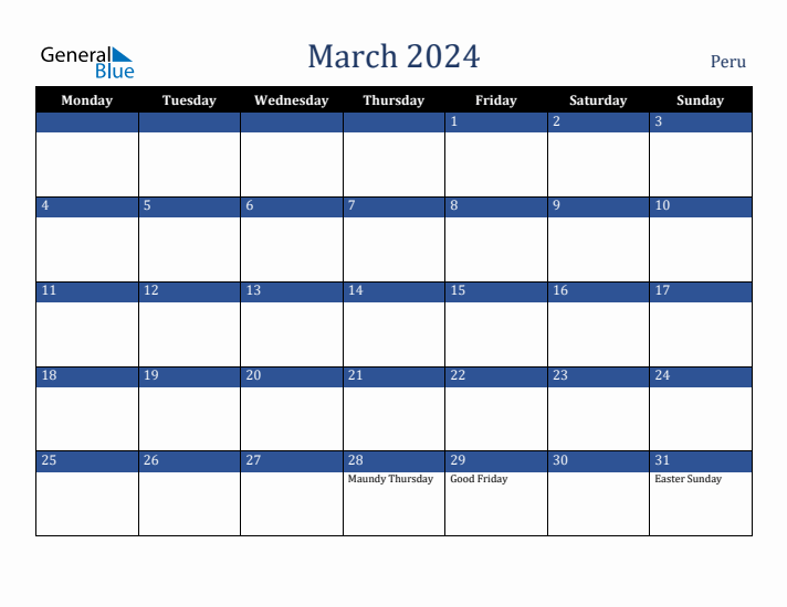 March 2024 Peru Calendar (Monday Start)