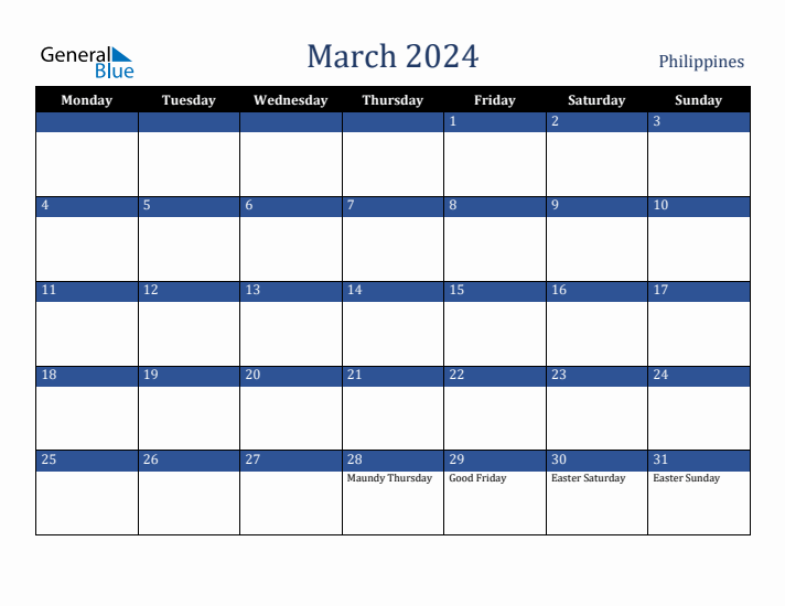 March 2024 Philippines Calendar (Monday Start)