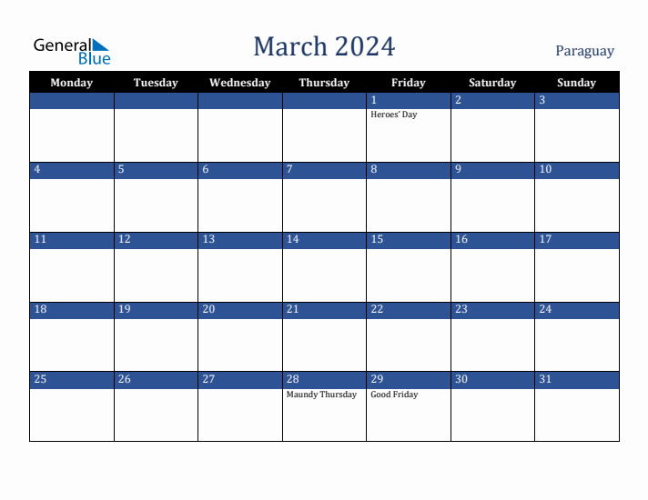 March 2024 Paraguay Calendar (Monday Start)