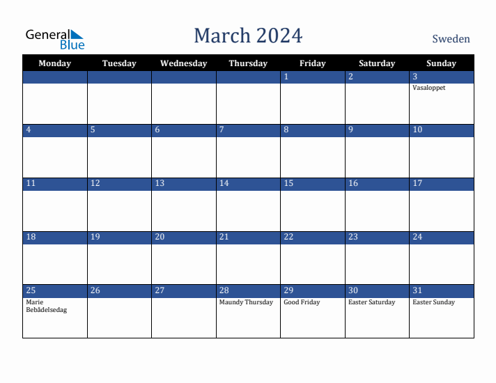 March 2024 Sweden Calendar (Monday Start)