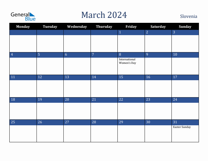 March 2024 Slovenia Calendar (Monday Start)