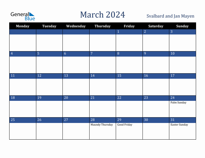 March 2024 Svalbard and Jan Mayen Calendar (Monday Start)