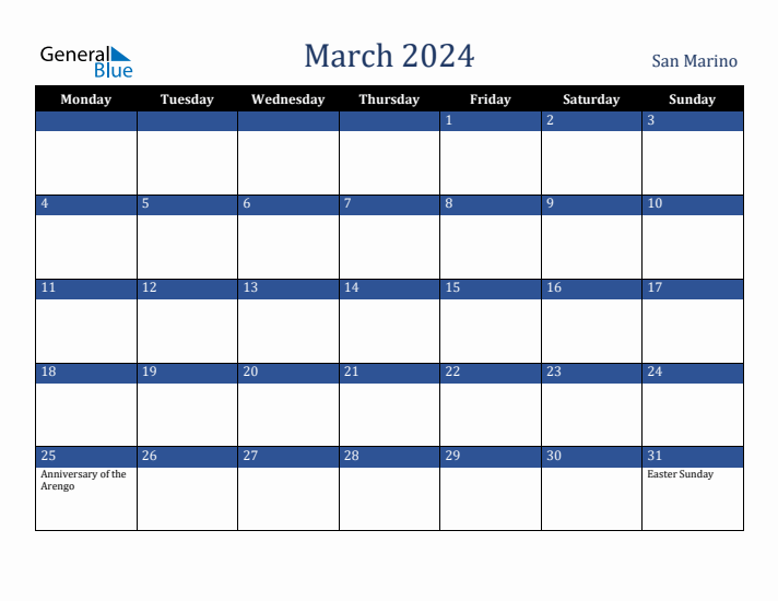 March 2024 San Marino Calendar (Monday Start)