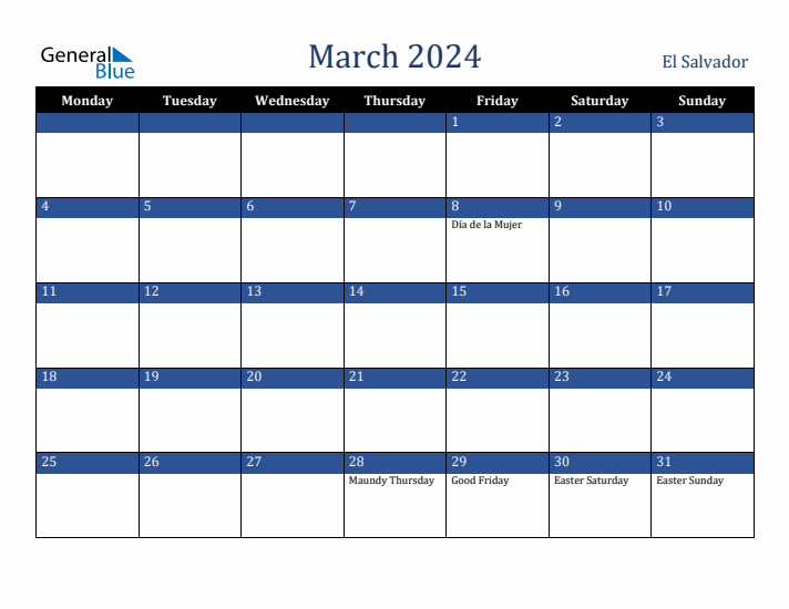 March 2024 El Salvador Calendar (Monday Start)