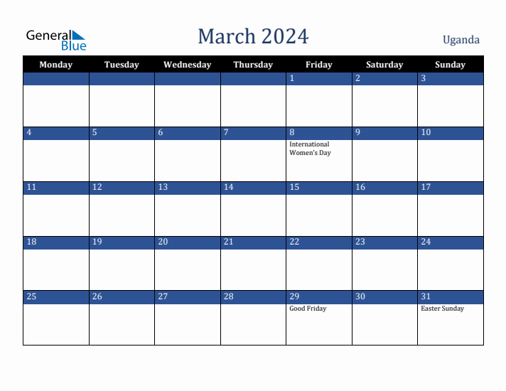 March 2024 Uganda Calendar (Monday Start)