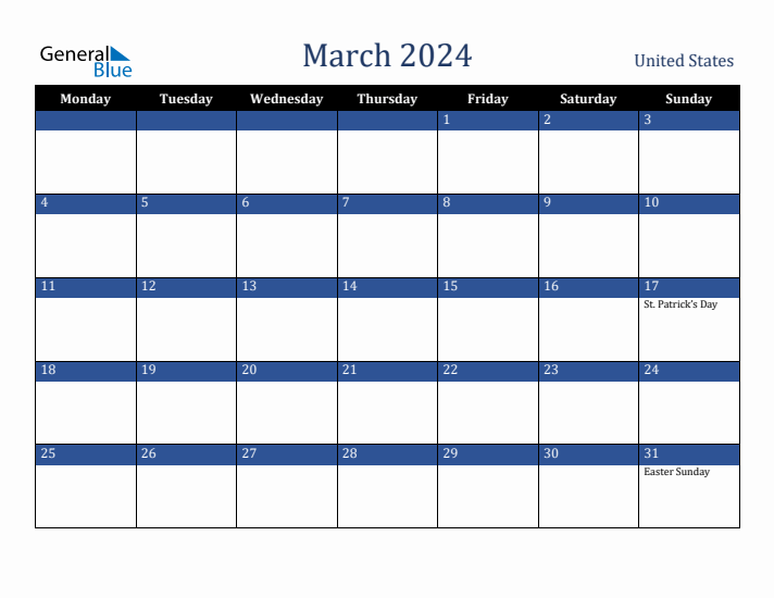 March 2024 United States Calendar (Monday Start)