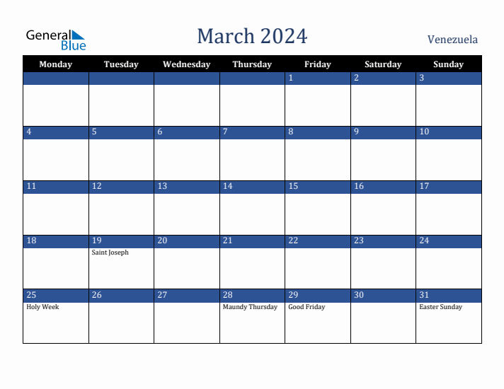 March 2024 Venezuela Calendar (Monday Start)