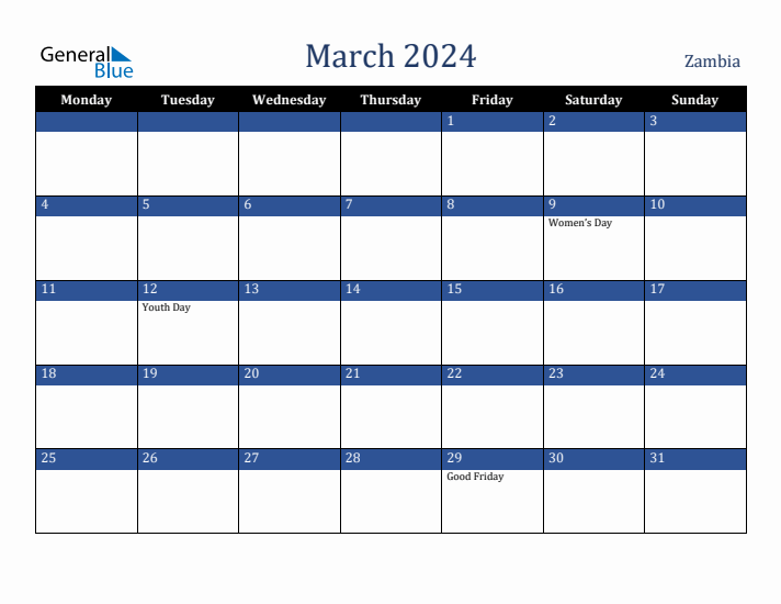 March 2024 Zambia Calendar (Monday Start)