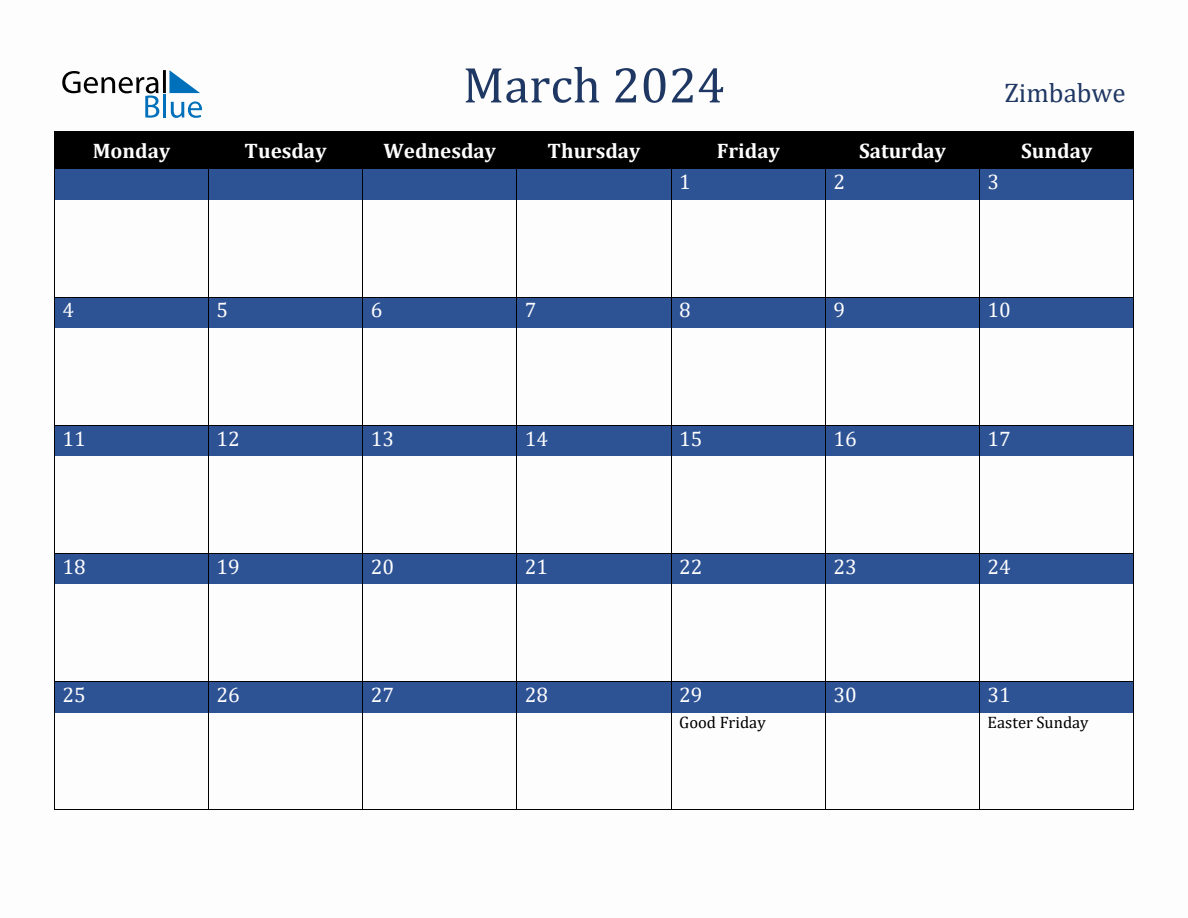 March 2024 Zimbabwe Holiday Calendar