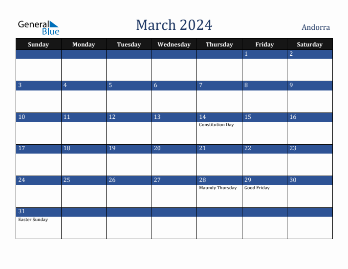 March 2024 Andorra Calendar (Sunday Start)