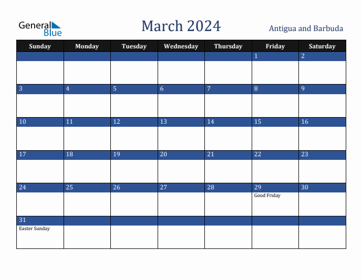 March 2024 Antigua and Barbuda Calendar (Sunday Start)
