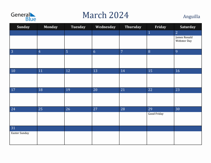 March 2024 Anguilla Calendar (Sunday Start)