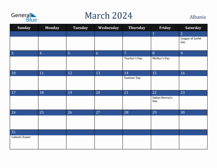 March 2024 Albania Calendar (Sunday Start)