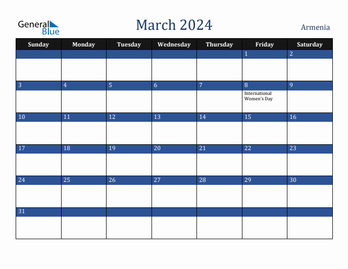 March 2024 Armenia Calendar (Sunday Start)