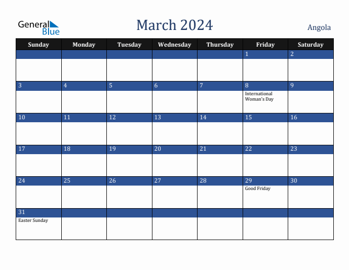 March 2024 Angola Calendar (Sunday Start)