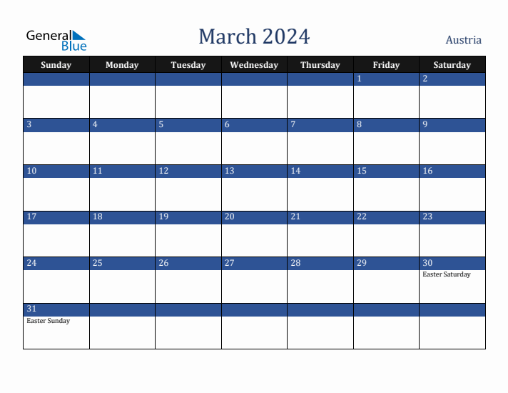 March 2024 Austria Calendar (Sunday Start)