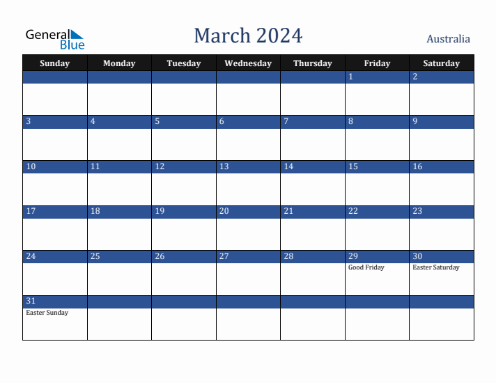 March 2024 Australia Calendar (Sunday Start)