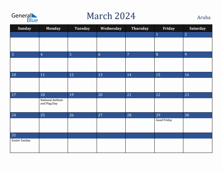 March 2024 Aruba Calendar (Sunday Start)