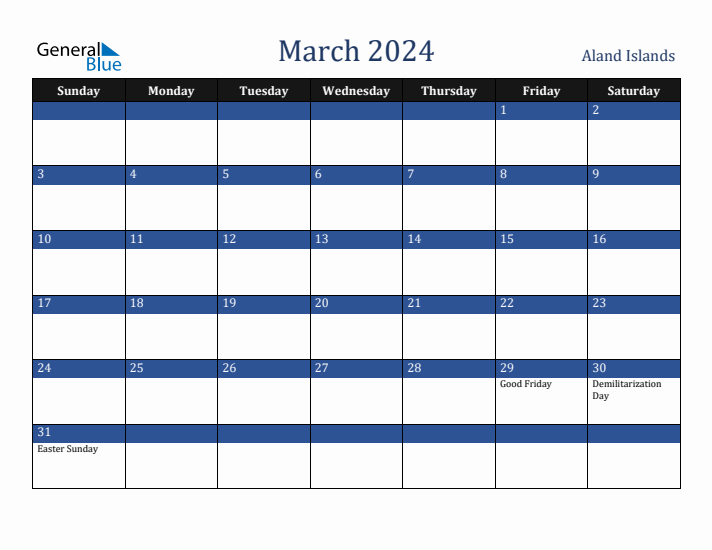 March 2024 Aland Islands Calendar (Sunday Start)