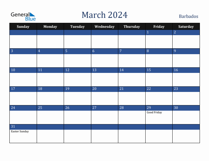 March 2024 Barbados Calendar (Sunday Start)