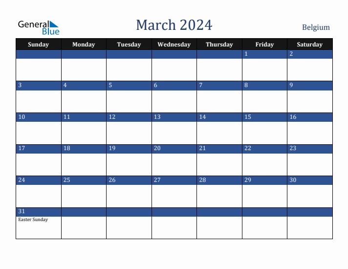March 2024 Belgium Calendar (Sunday Start)