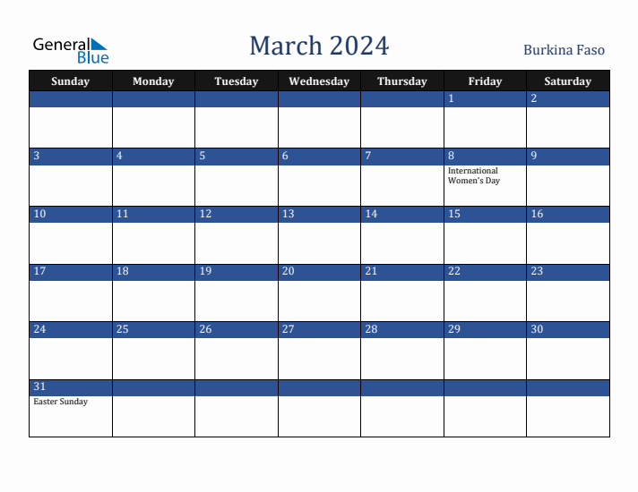 March 2024 Burkina Faso Calendar (Sunday Start)