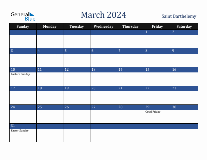 March 2024 Saint Barthelemy Calendar (Sunday Start)