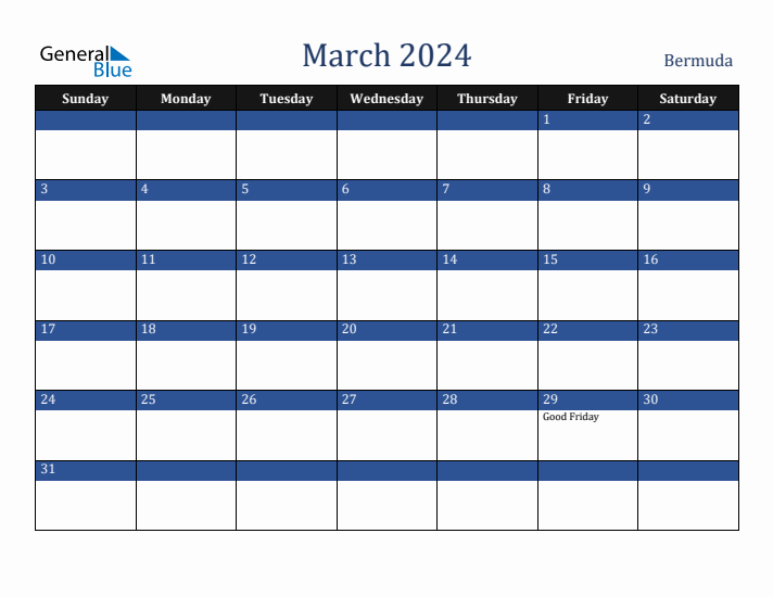 March 2024 Bermuda Calendar (Sunday Start)