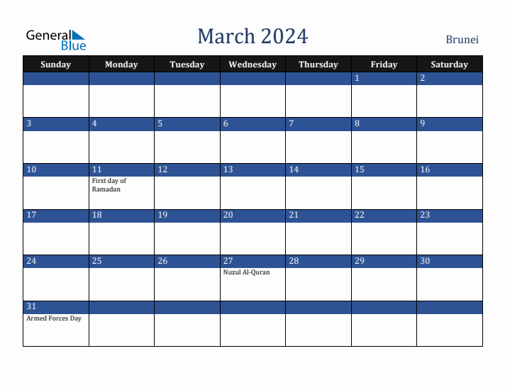 March 2024 Brunei Calendar (Sunday Start)