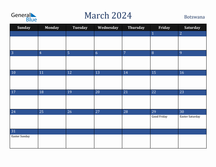 March 2024 Botswana Calendar (Sunday Start)