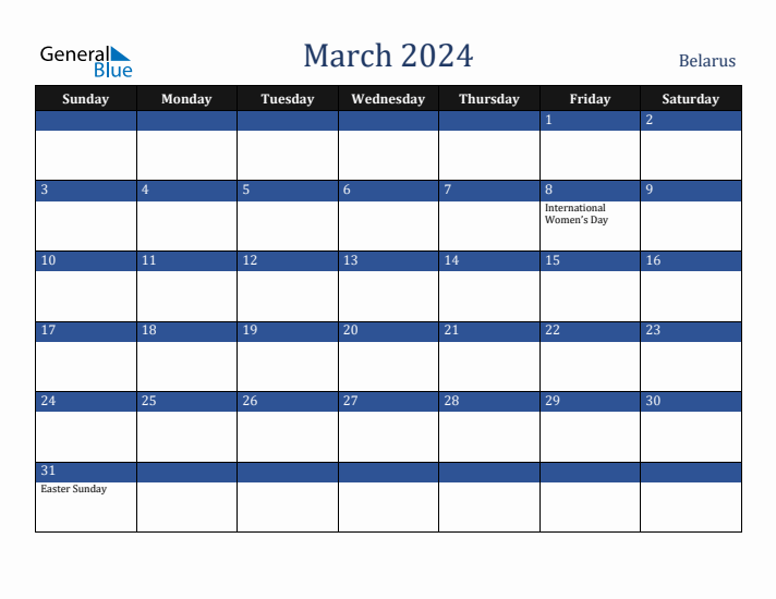 March 2024 Belarus Calendar (Sunday Start)
