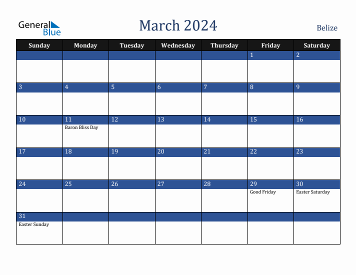 March 2024 Belize Calendar (Sunday Start)