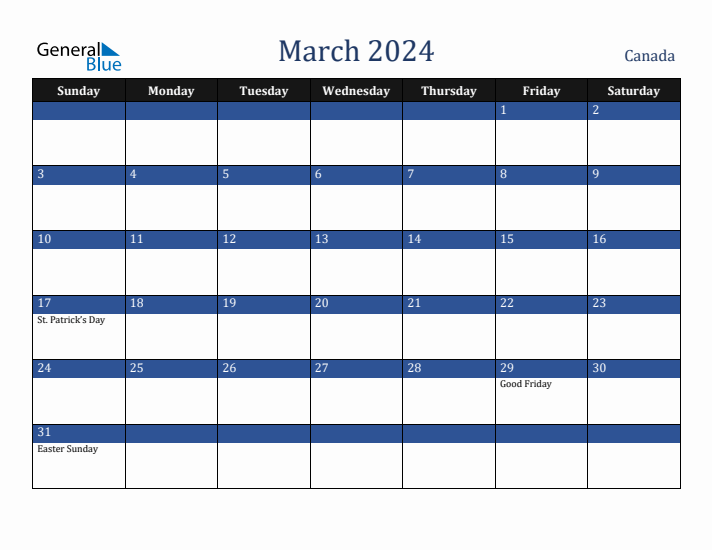 March 2024 Canada Calendar (Sunday Start)