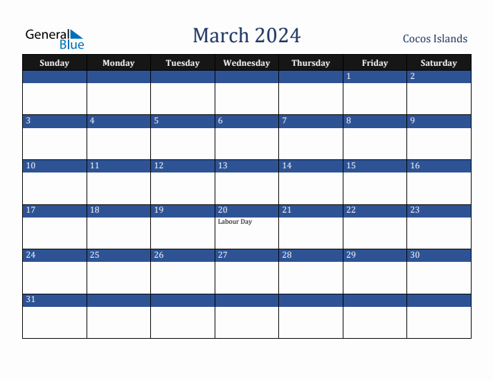 March 2024 Cocos Islands Calendar (Sunday Start)